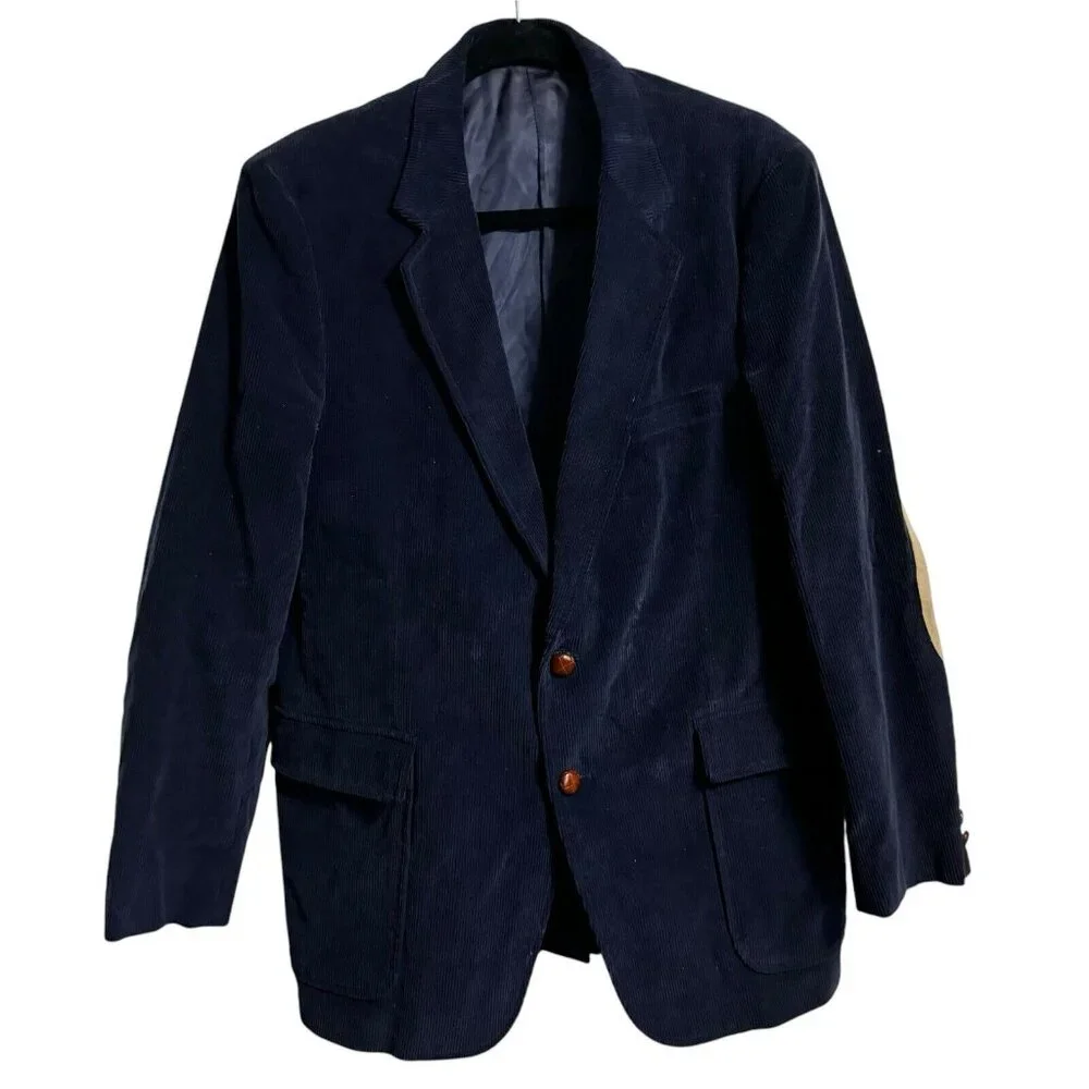 Vtg JORDACHE Corduroy Blazer Jacket Blue elbow Patches Western Camel Fits‎ 42R